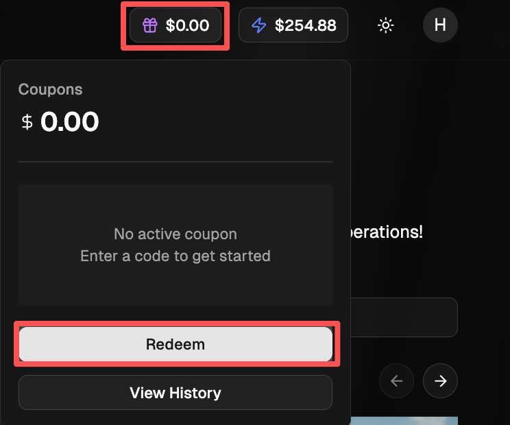GMI Cloud console: open the coupon panel and click Redeem